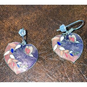 Heart Shaped Enamel Earrings Floral Butterfly Design Dangle Drop Women